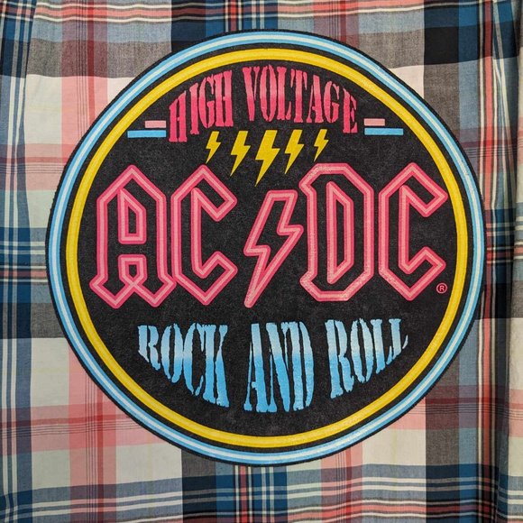 ACDC High Voltage Rock And Roll Music Band Custom Flannel Button Down Shirt Sz L - Picture 2 of 6